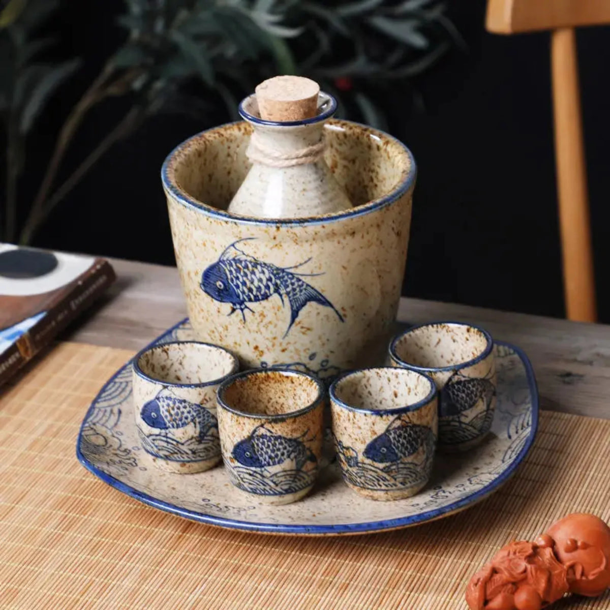 Japoński zestaw do sake, ceramika, czarny i beżowy, 300ml, naczynia do sake, mirinu i napojów spirytusowych, tradycyjny | Sulvida