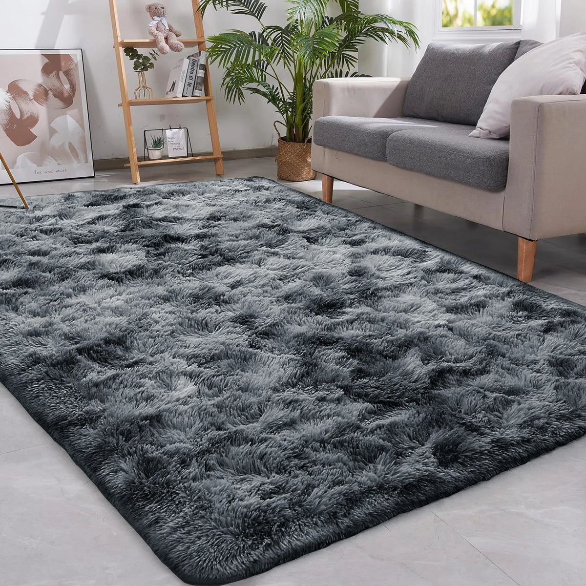 Tapis à poils longs gris foncé antidérapant et doux pour salon, chambre, chambre d’enfant et bureau | Sulvida