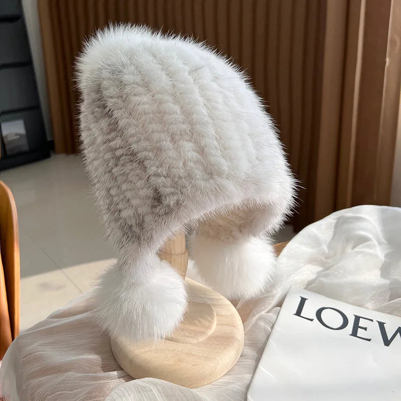 Gebreide Bontmuts Dames met Pompom Spiraalpatroon Wintermuts Herfst Winter Vrouwen Warm Luxe Echt Bont | Sulvida