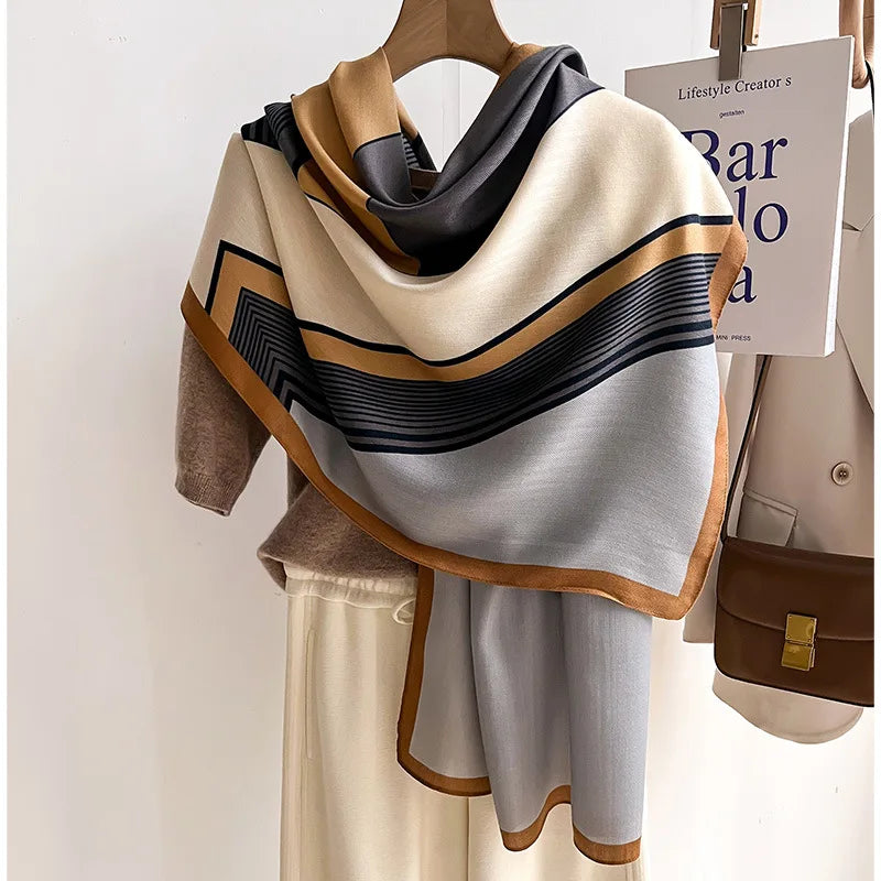 Écharpe de luxe pour femme en mélange de laine et cachemire, pashmina 66x178 cm, étole chaude pour l’automne et l’hiver, accessoire beige, marron, bleu | Sulvida