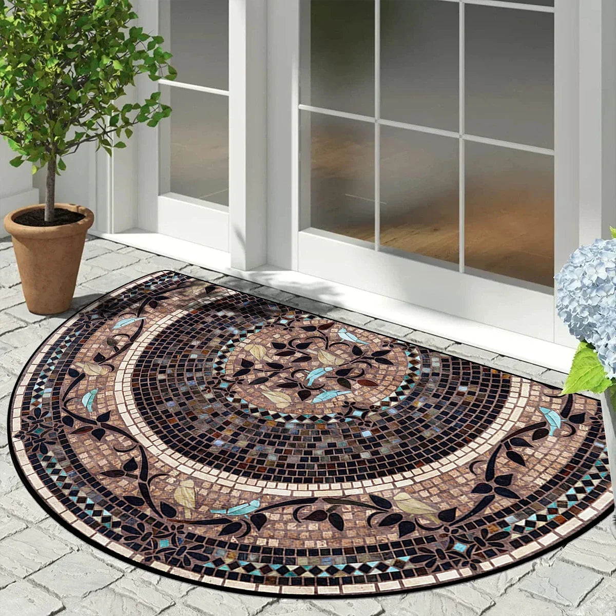 Halfronde Deurmat Buitenmat Antislip Mozaïek Vintage Bloemenpatroon Geometrisch Design Balkon Ingang | Sulvida