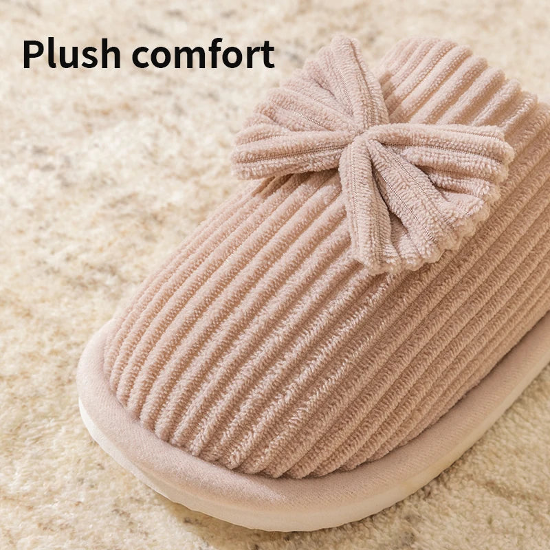 Huisslippers met Strik Dames Ribfluweel Gevoerd Antislip Binnenschoenen Fluweelzachte Pantoffels Warm | Sulvida