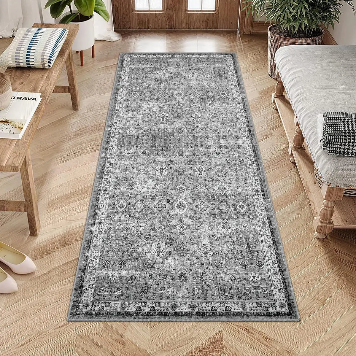 Vintage vloerkleed met korte pool grijs wasmachinebestendig antislip loopmat voor keuken hal en slaapkamer | Sulvida