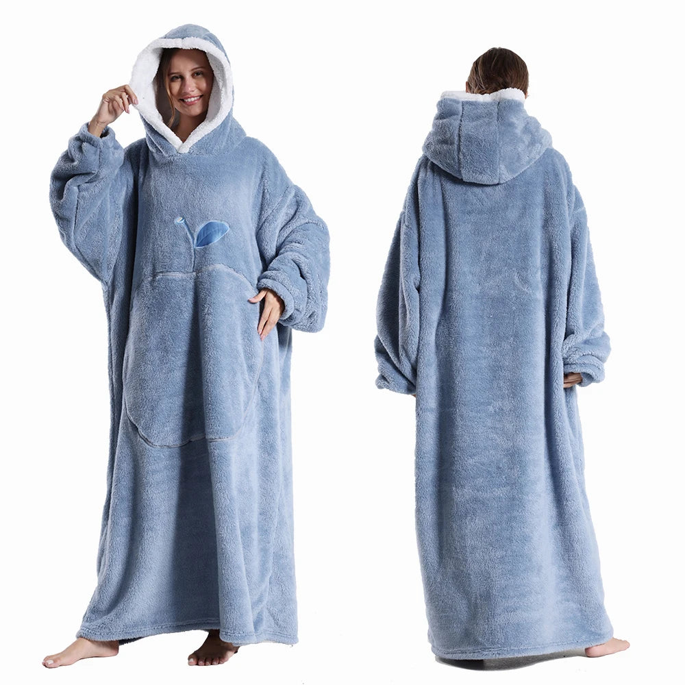 Draagbare deken met capuchon en mouwen zachte pluche fleece oversized hoodie plaid voor herfst en winter | Sulvida