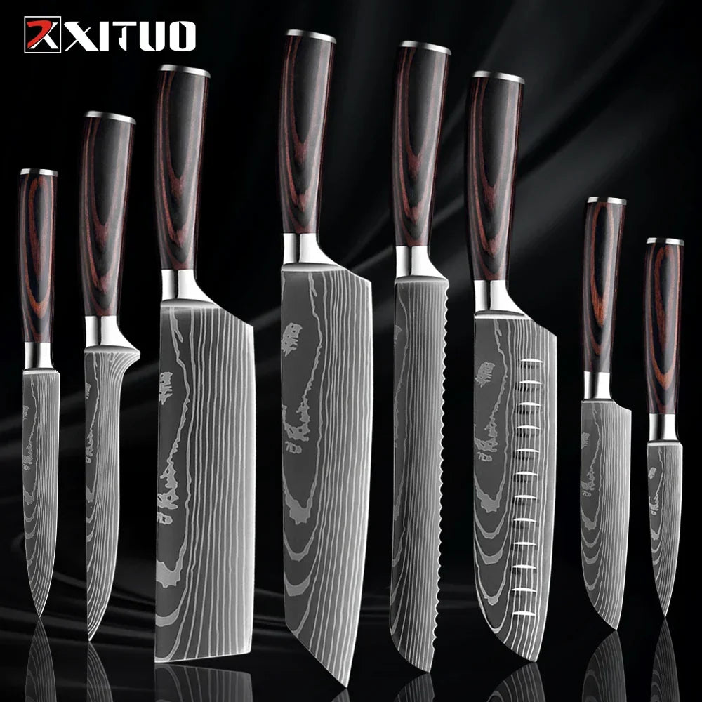 Collection de couteaux en acier inoxydable, 1 à 9 pièces, manche en bois, couteau de chef, couteau à légumes, couteau de cuisine universel professionnel | Sulvida