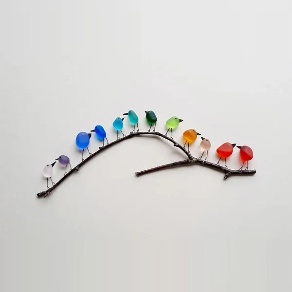 Vogels op Drijfhout Wanddecoratie Zeeglas Kunst Handgemaakt Woonaccessoire Kustdecor Rustieke Interieurdesign | Sulvida