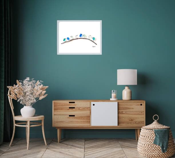 Vogels op Drijfhout Wanddecoratie Zeeglas Kunst Handgemaakt Woonaccessoire Kustdecor Rustieke Interieurdesign | Sulvida