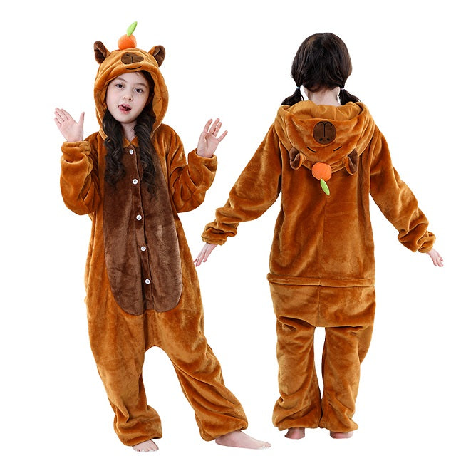 Kinderonesie Dierenpak Flanel Capybara Design met Capuchon Warm Loungen Verkleedkostuum Jongens Meisjes | Sulvida