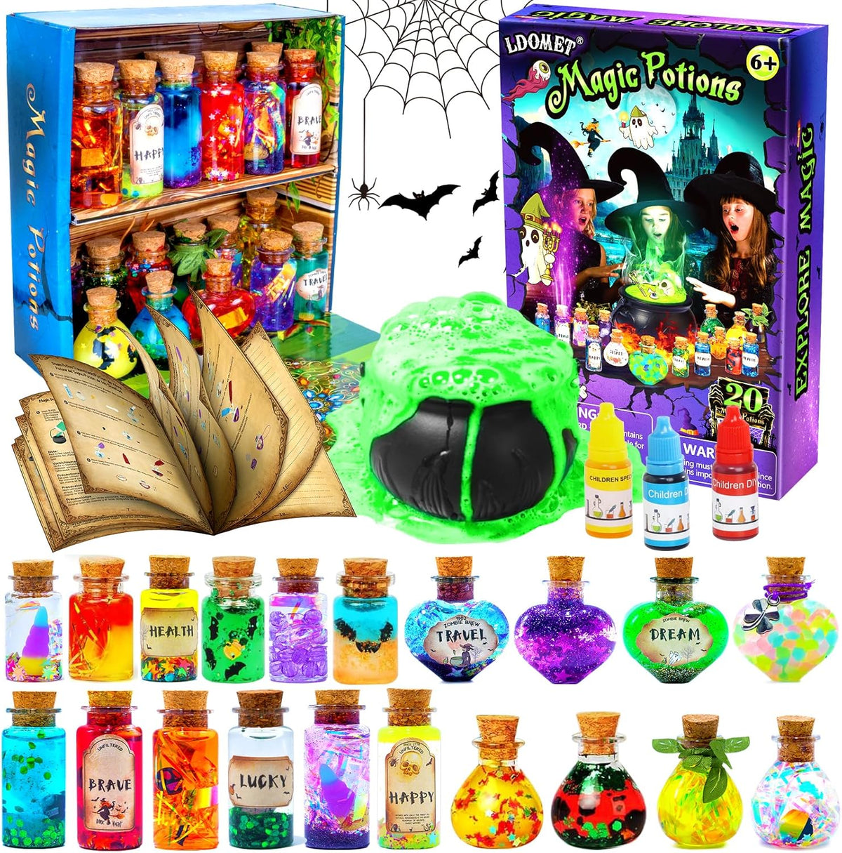 Toverdrank Knutselset Kleurverandering 20 Flesjes Kristallen Spreukenboek Fantasiespel Creatief Kind 6+ Jaar | Sulvida