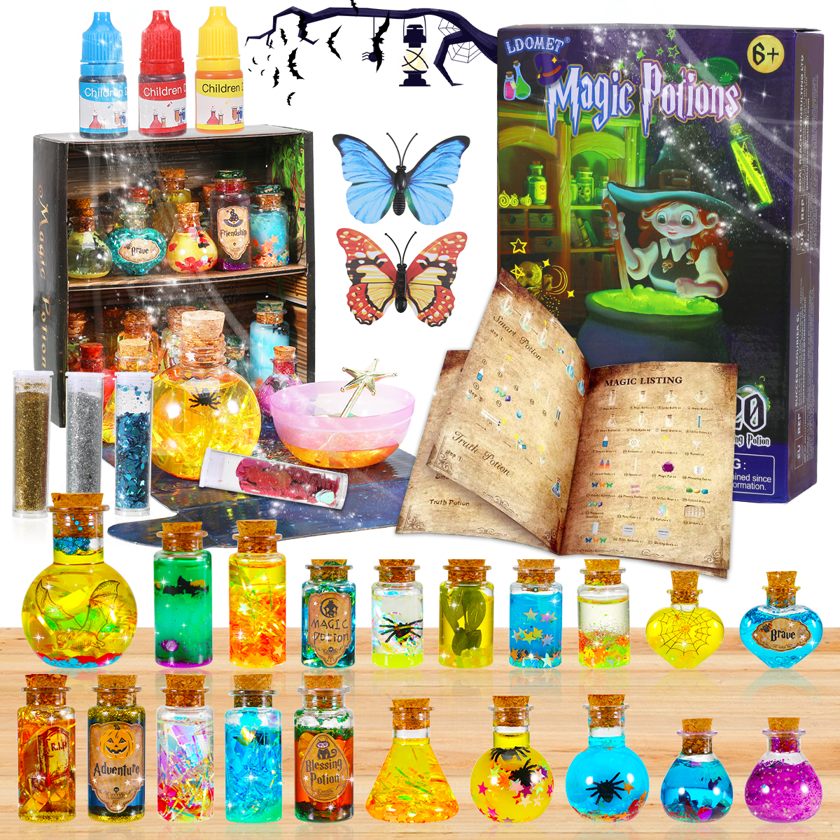 Toverdrank Knutselset Kleurverandering 20 Flesjes Kristallen Spreukenboek Fantasiespel Creatief Kind 6+ Jaar | Sulvida