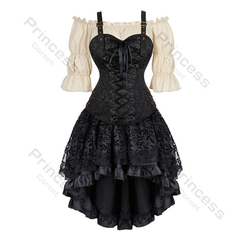 Gothic Korset Jurk Set met Kanten Rok - Steampunk Piraten Kostuum voor Dames - Victoriaanse Stijl Feestoutfit | Sulvida