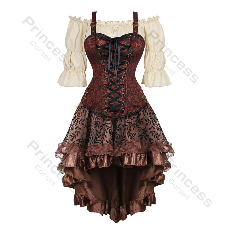 Gothic Korset Jurk Set met Kanten Rok - Steampunk Piraten Kostuum voor Dames - Victoriaanse Stijl Feestoutfit | Sulvida