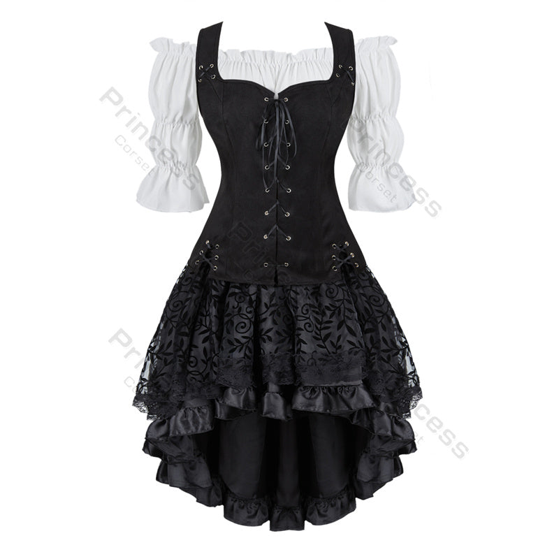 Gothic Korset Jurk Set met Kanten Rok - Steampunk Piraten Kostuum voor Dames - Victoriaanse Stijl Feestoutfit | Sulvida