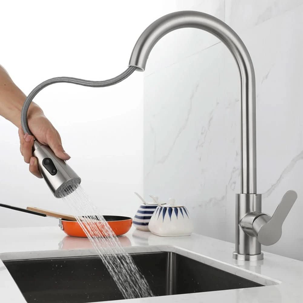 Robinet de cuisine avec douchette extractible pour un nettoyage facile, système de mitigeur flexible, chrome, noir brossé, gris | Sulvida
