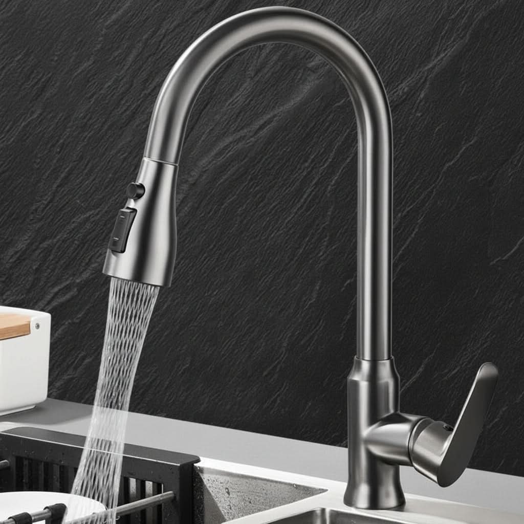 Robinet de cuisine avec douchette extractible pour un nettoyage facile, système de mitigeur flexible, chrome, noir brossé, gris | Sulvida