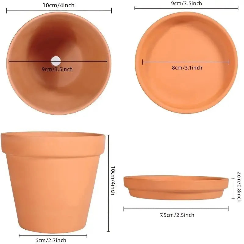 Lot de 4 pots de fleurs en terre cuite avec soucoupe et drainage, 10 cm, décoratifs pour plantes d’intérieur et d’extérieur | Sulvida