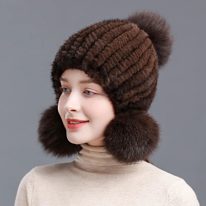 Gebreide Bontmuts Dames met Pompom Spiraalpatroon Wintermuts Herfst Winter Vrouwen Warm Luxe Echt Bont | Sulvida
