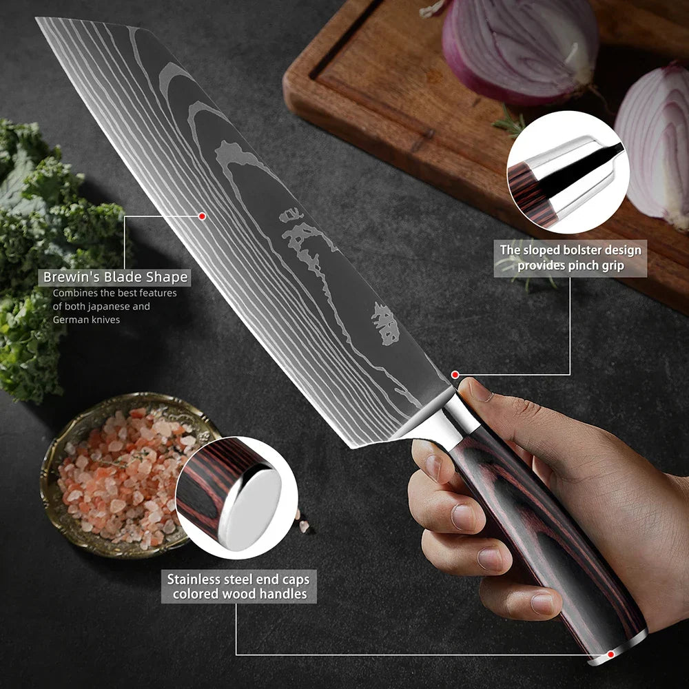 Collection de couteaux en acier inoxydable, 1 à 9 pièces, manche en bois, couteau de chef, couteau à légumes, couteau de cuisine universel professionnel | Sulvida