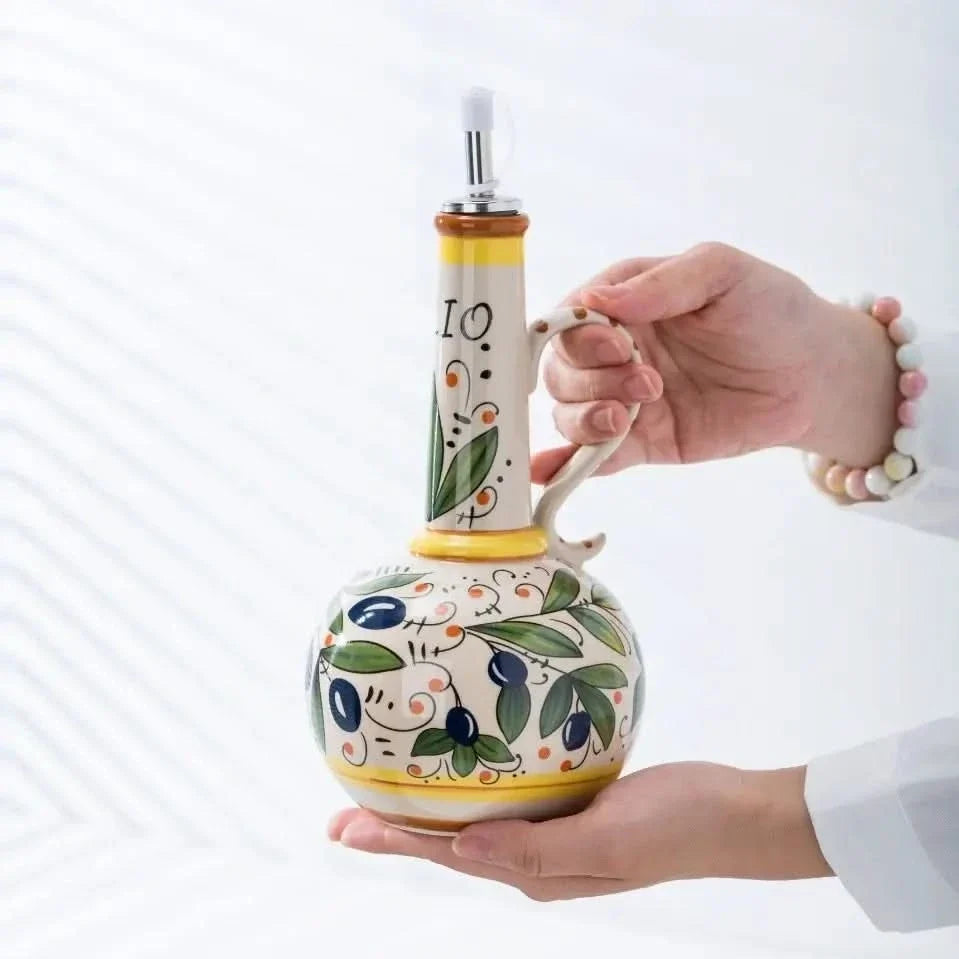 Keramische Olijfolie Dispenser Italiaans Design Handgeschilderd Bloemmotief 700ml Premium Keukenservies Tafel | Sulvida