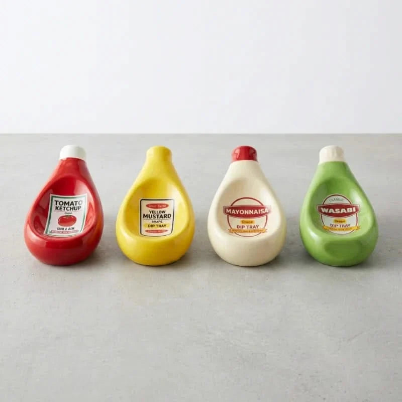 Set aus 4 Keramik-Dipschälchen – Servierschälchen für Soßen in Flaschenform, Ketchup, Mayo, Wasabi, Senf | Sulvida