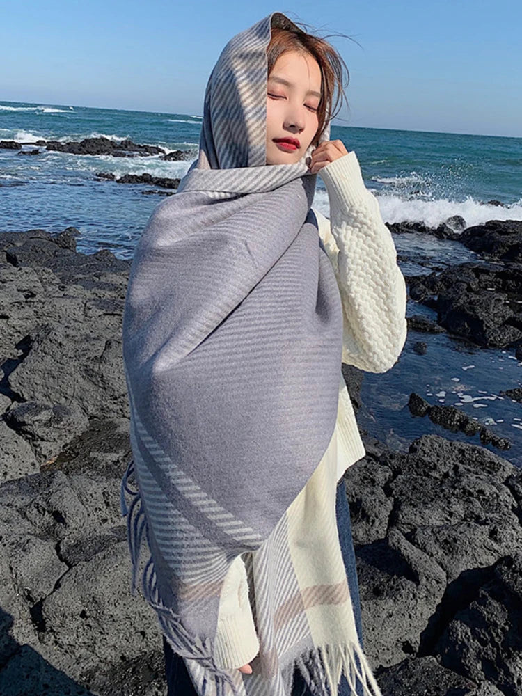 Vintage Wollen Wintersjaal Geruit met Franje – Unisex Halsdoek voor Herfst Winter – Warme Gebreide Sjaal | Sulvida