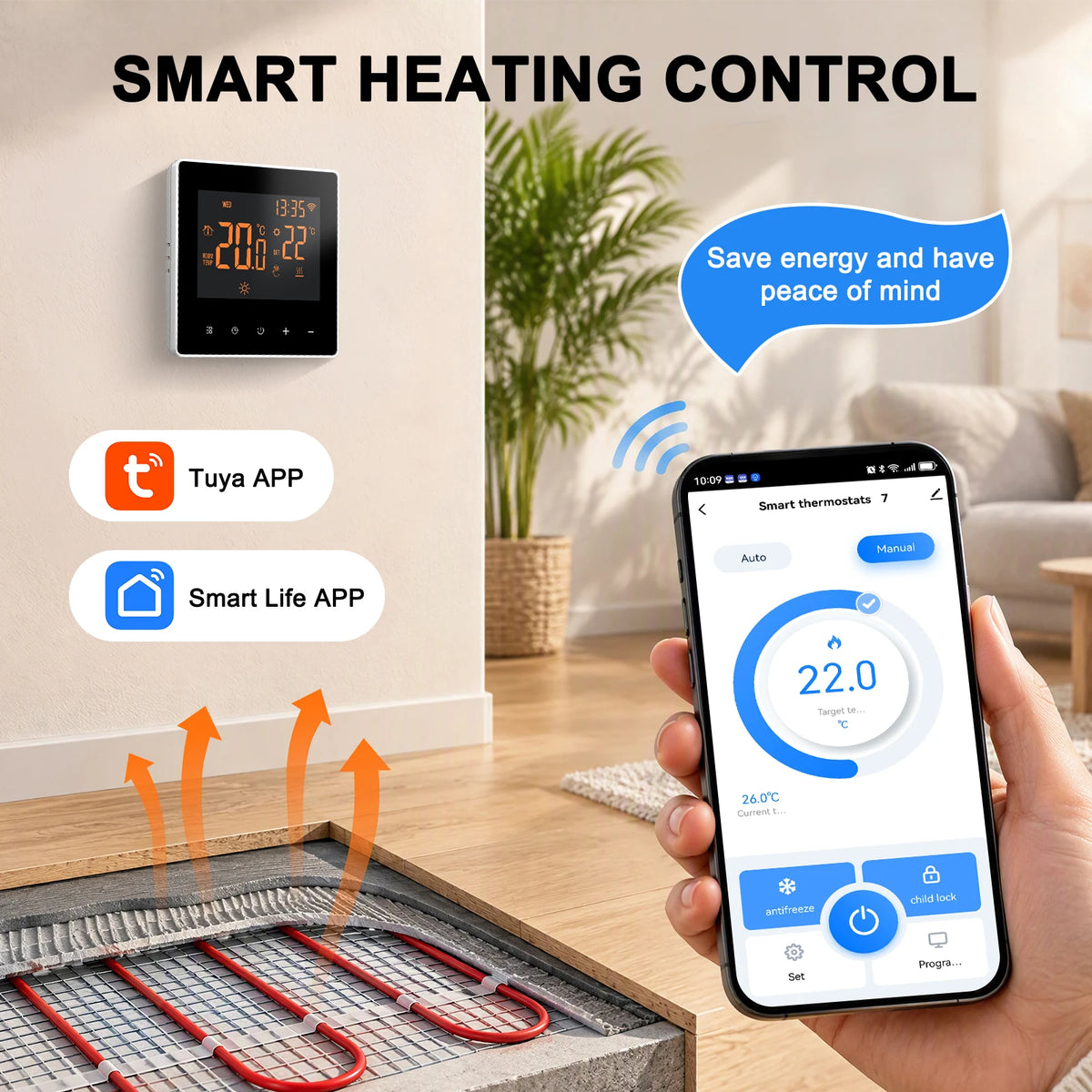 WiFi Vloerverwarmingsthermostaat 16A met NTC-sensor en Touchscreen voor Slimme Temperatuurregeling en Comfort | Sulvida