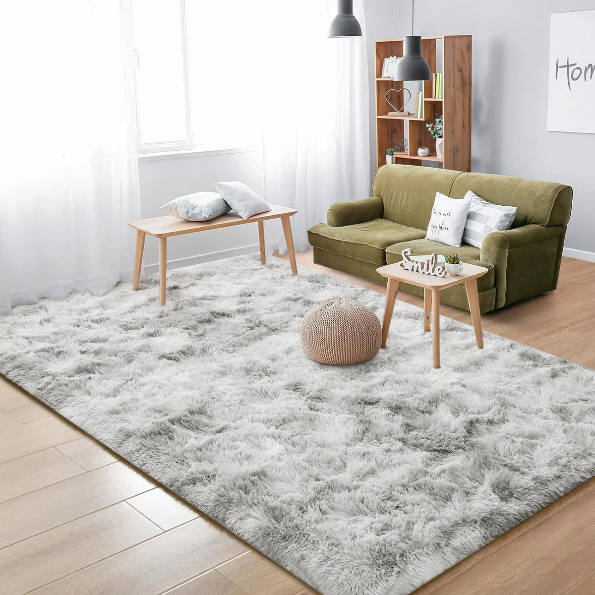 Tapis à poils longs gris foncé antidérapant et doux pour salon, chambre, chambre d’enfant et bureau | Sulvida
