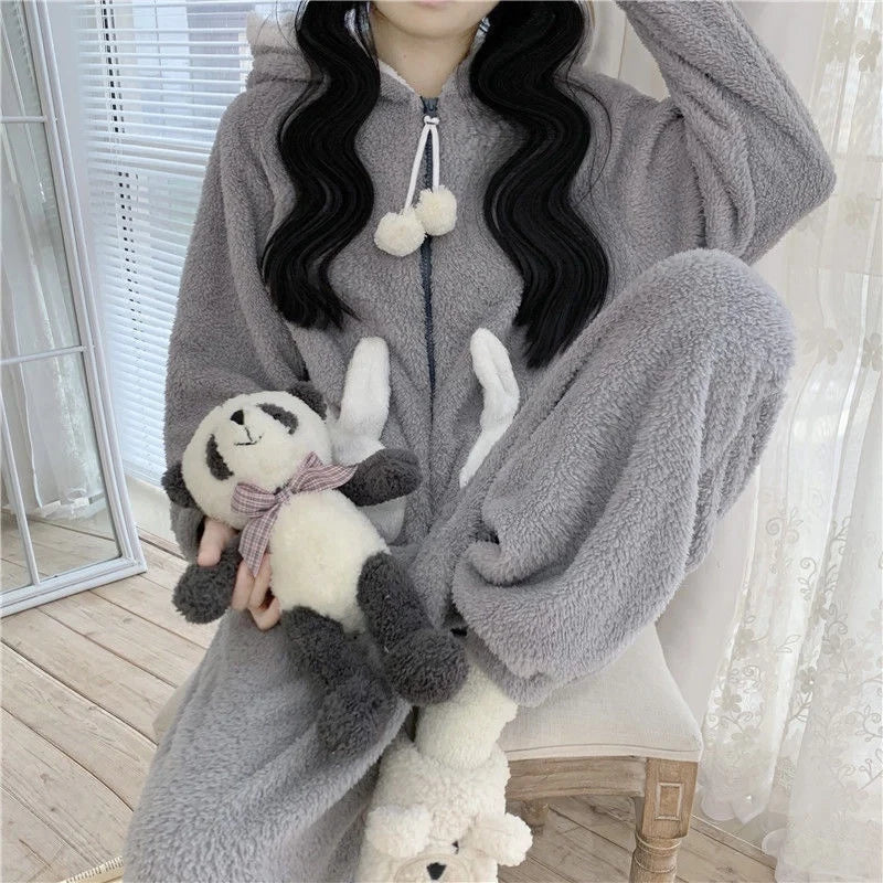 Warme Bunny Jumpsuit Pyjama met Capuchon – Zachte Huispak voor Koude Avonden – Onesie met Konijnenoren | Sulvida