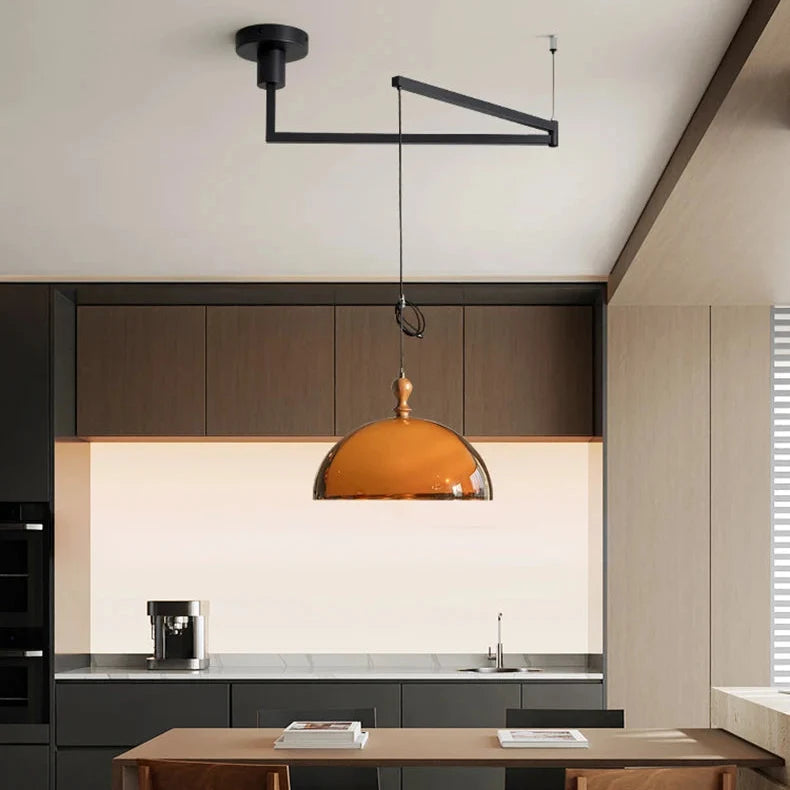Draaibare hanglamp met dome kap en zwenkarm van acryl hout metaal voor studeerkamer eetkamer woonkamer | Sulvida