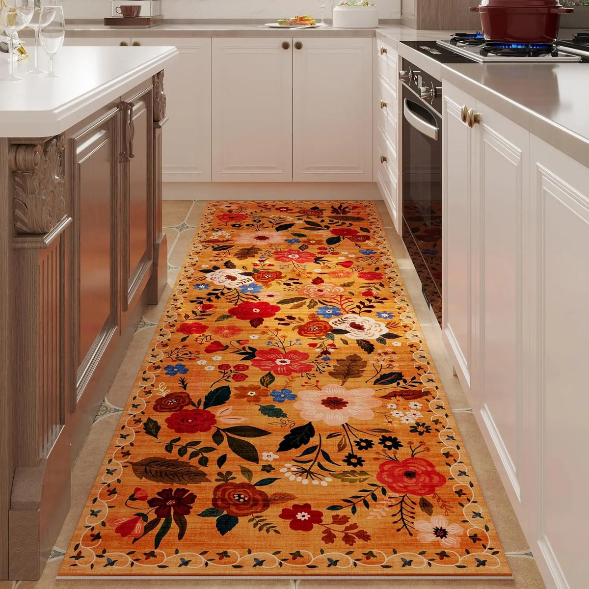 Looploper met Bloemenpatroon Antislip Polyester 40-180 cm Machinewasbaar Gangtapijt Keukenloper Halmat | Sulvida
