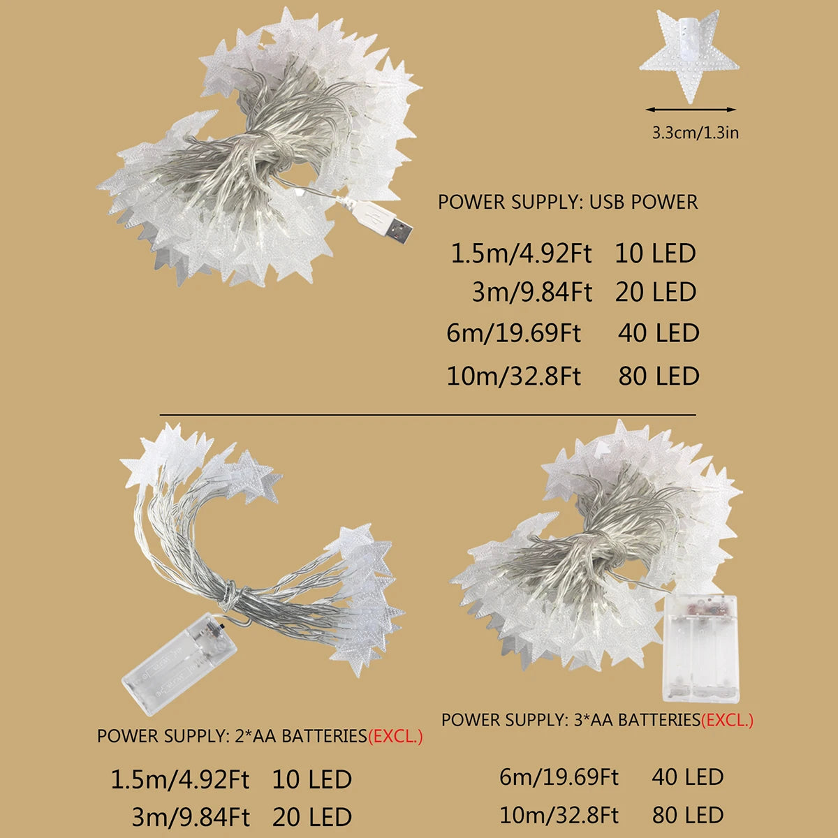 Lichtsnoer Ster LED Decoratieverlichting Binnen Buiten Feestverlichting Tuinverlichting Batterij USB | Sulvida