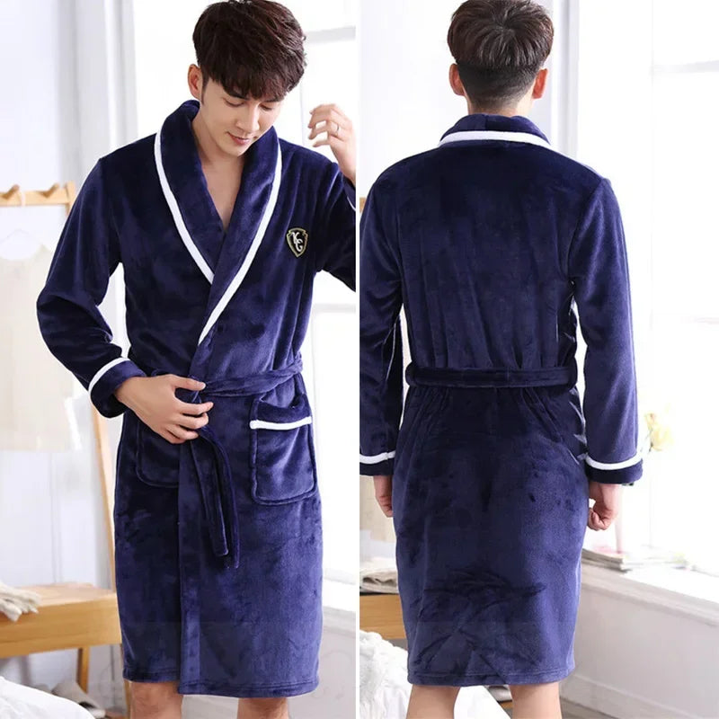 Herenbadjas Fleece Kimono Grijs Blauw Kameel Lange Mouwen Extra Dik Luxe Loungekleding Herfst Winter | Sulvida