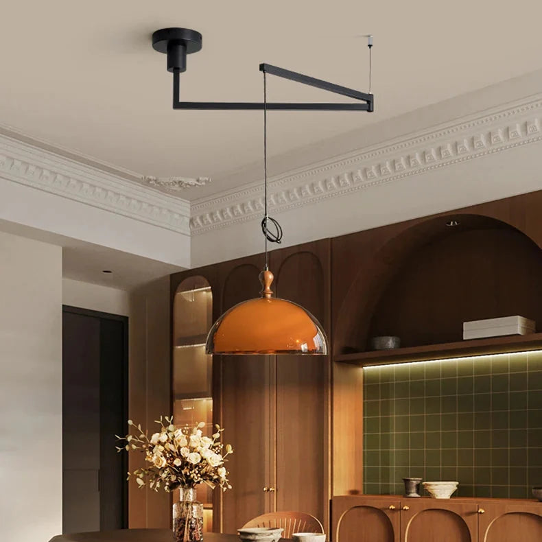 Draaibare hanglamp met dome kap en zwenkarm van acryl hout metaal voor studeerkamer eetkamer woonkamer | Sulvida
