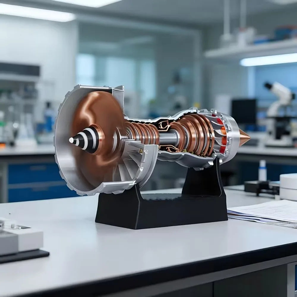 Vliegtuigmotor Miniatuur Display met Turbofan Details Zwarte Basis Industrieel Decoratief Object Luchtvaart | Sulvida
