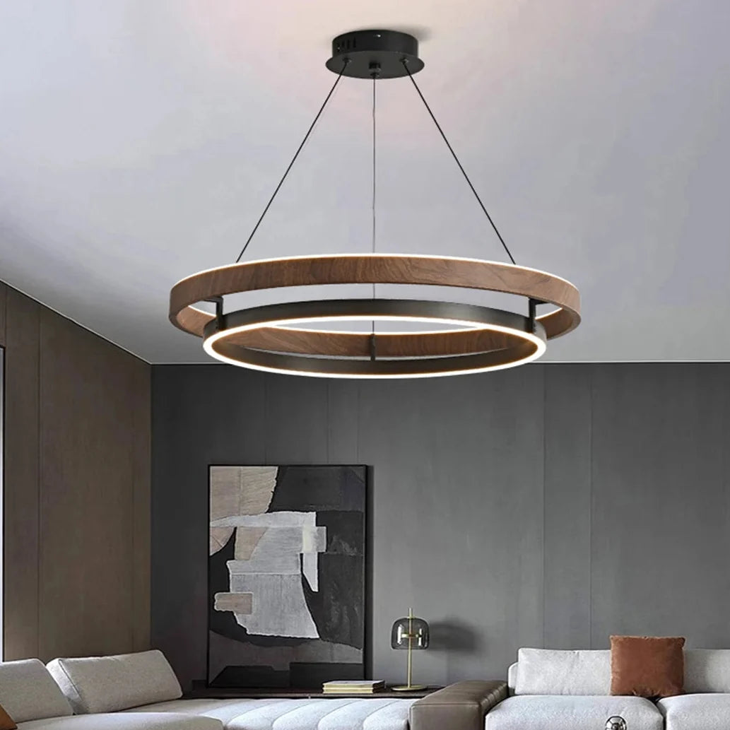 Ronde Metalen Hanglamp met Houtstructuur 60-80cm Dimbaar Scandinavisch Design voor Woonkamer en Eetkamer | Sulvida