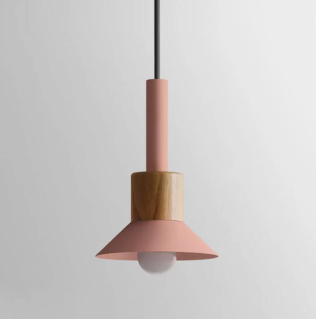 Suspension scandinave en bois avec fer coloré rose, jaune et vert, éclairage design pour salle à manger et salon, E26 | Sulvida