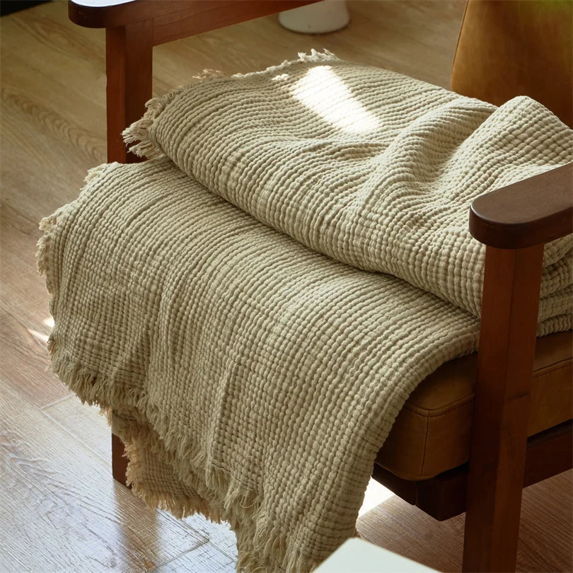 Zeslaags Katoenen Plaid met Franjes 130x170 en 200x230 Decoratief Woonplaid Mousseline Textiel Bankdeken | Sulvida