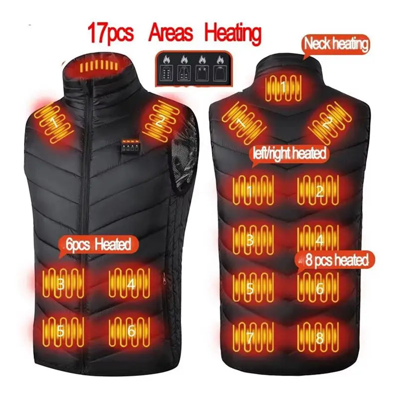Verwarmingsvest Infrarood USB 17 Warmtezones Thermogilet Heren Outdoor Winter Bodywarmer Elektrisch Verwarmd | Sulvida