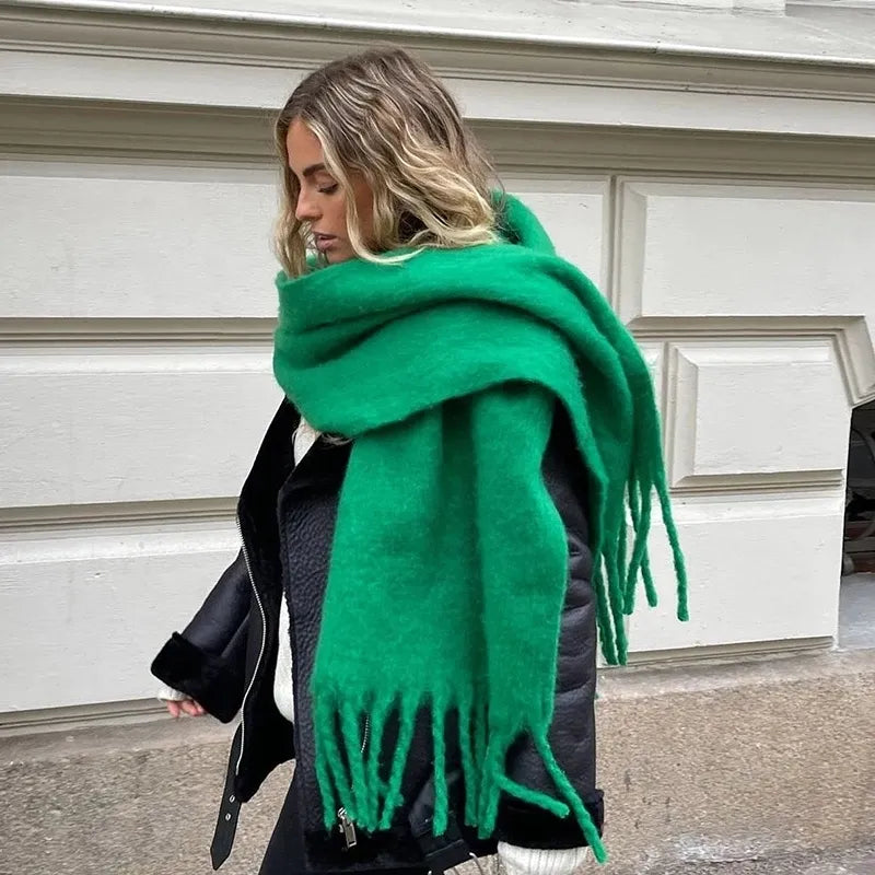 Écharpe épaisse et chaude en cachemire avec franges, pashmina d’hiver unie, accessoire de luxe oversize pour femme et homme | Sulvida