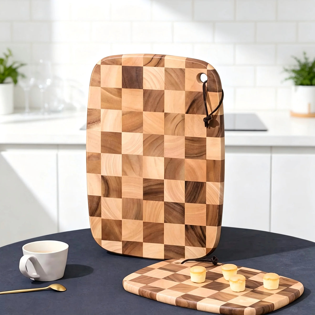 Houten snijplank schaakbordpatroon rubberhout 45x30 cm keuken serveerplank hapjesbord charcuterie broodplank | Sulvida