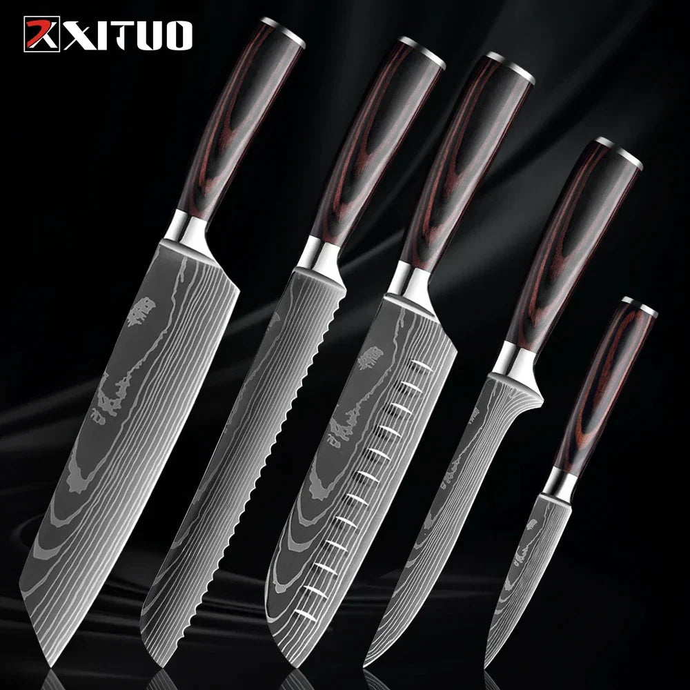 Collection de couteaux en acier inoxydable, 1 à 9 pièces, manche en bois, couteau de chef, couteau à légumes, couteau de cuisine universel professionnel | Sulvida