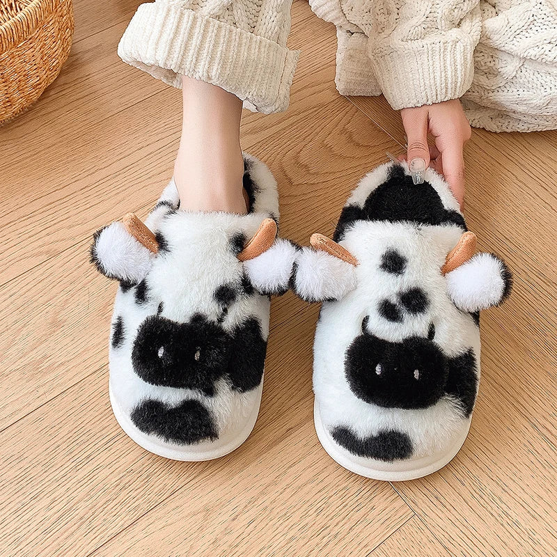 Pluche Pantoffels Dames met Koeprint Zachte Sloffen Binnenshuis Winterpantoffels Warme Slippers voor Vrouwen | Sulvida