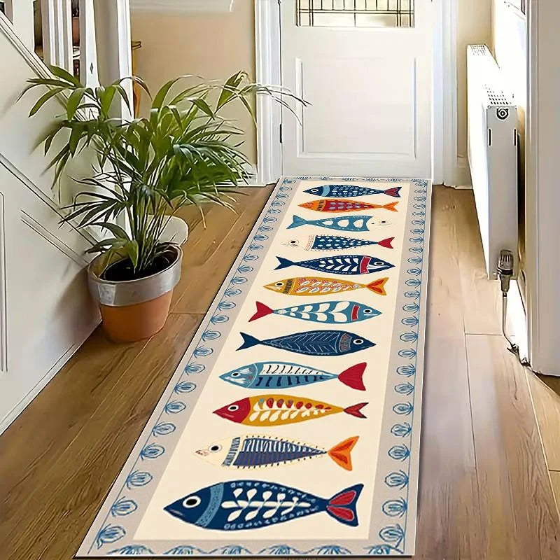 Gangloper met Vissenprint - Antislip Vloerkleed voor Hal Keuken Gang - Wasbaar Polyester 60-300cm Looploper | Sulvida