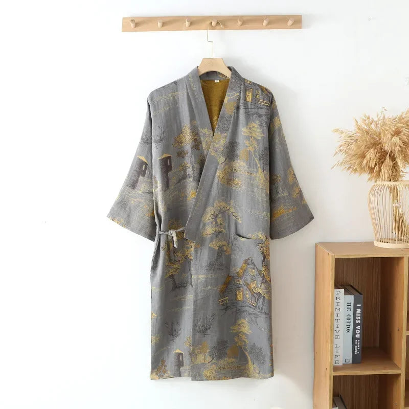 Kimono Ochtendjas Heren Katoen Lange Stijl Bedrukt Blauw Groen Grijs Navy Zomer Herfst Badkamer Lounge | Sulvida