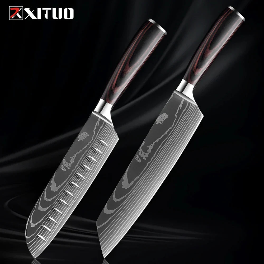 Collection de couteaux en acier inoxydable, 1 à 9 pièces, manche en bois, couteau de chef, couteau à légumes, couteau de cuisine universel professionnel | Sulvida