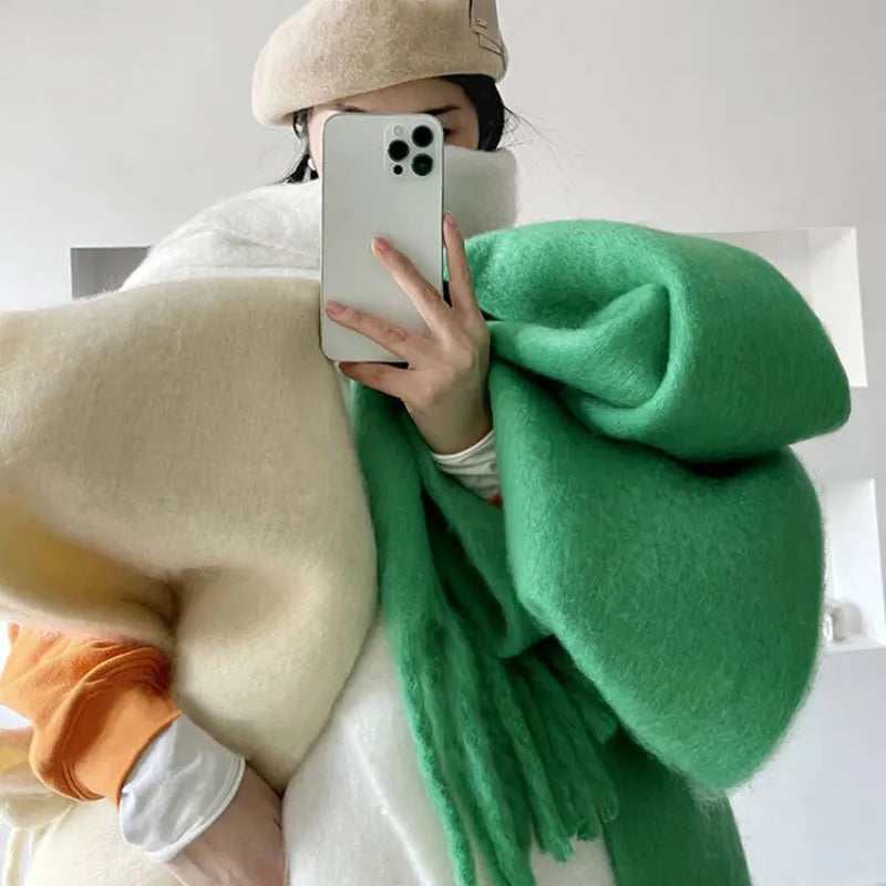 Écharpe épaisse et chaude en cachemire avec franges, pashmina d’hiver unie, accessoire de luxe oversize pour femme et homme | Sulvida