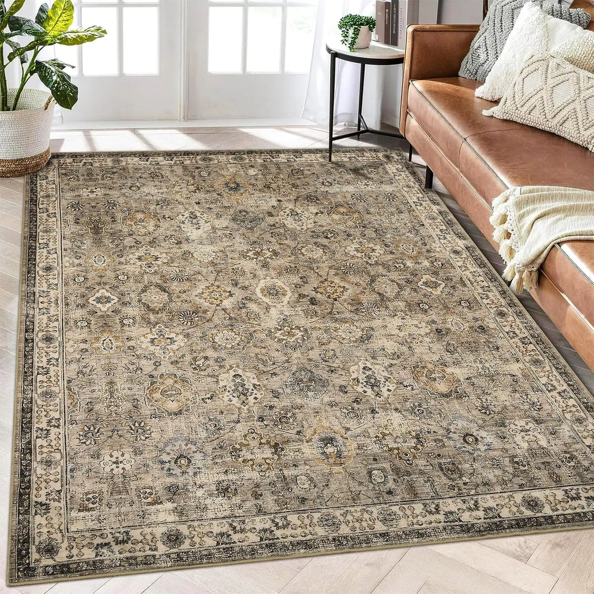 Vintage vloerkleed met korte pool grijs wasmachinebestendig antislip loopmat voor keuken hal en slaapkamer | Sulvida