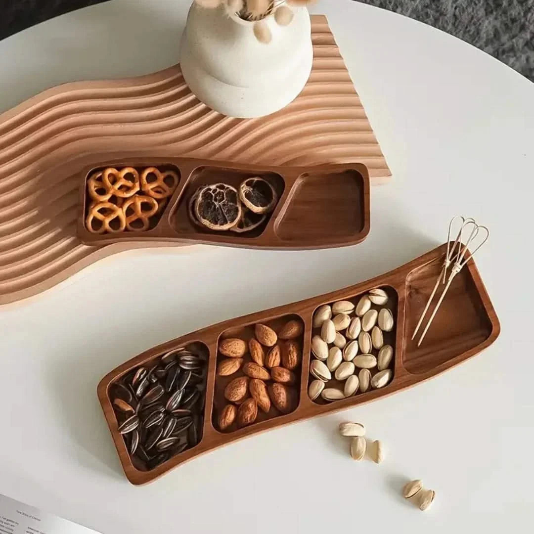 Servierschale aus Holz mit Fächern für Snacks, Häppchen und Knabbereien, mit 3 oder 4 Fächern, für den Tisch geeignet | Sulvida