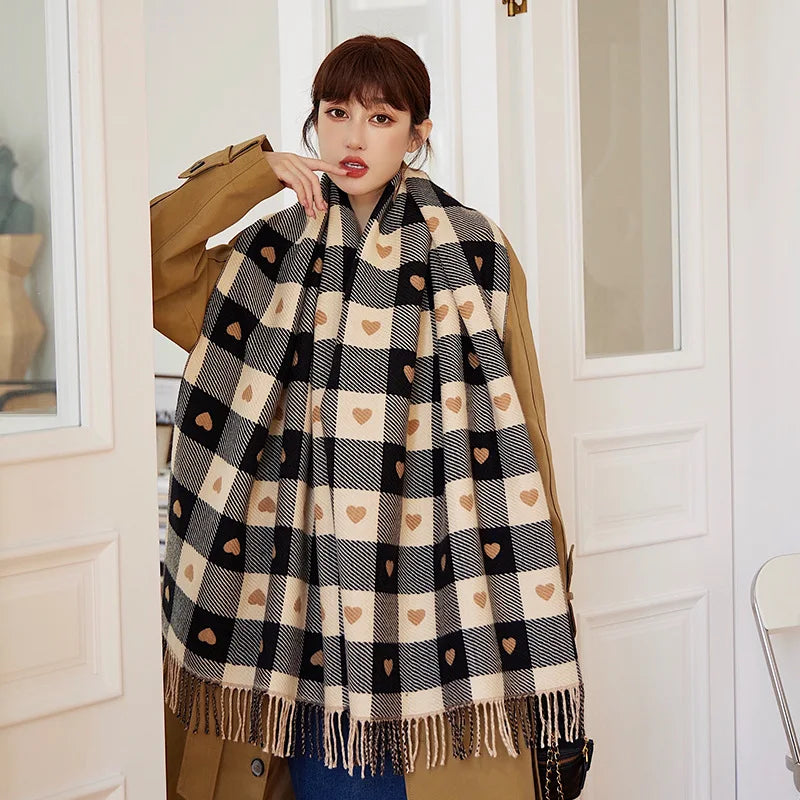 Gebreide Hartvormige Sjaal Dames Geruit Warm Wintersjaal Oversized Omslagdoek Herfst Winter Accessoire | Sulvida