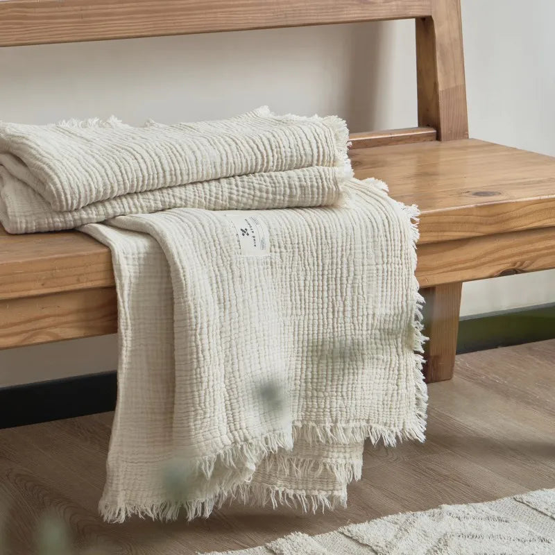 Katoenen Plaid met Kwastjes Vierlaags Gaasweefsel Effen Bankdeken Decoratief Gebreid voor Woonkamer Bank | Sulvida